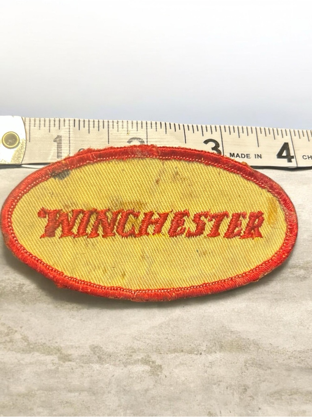 Vintage Winchester Patch Yellow Red Oval Embroidered Shooting Vest Hat 4x2”